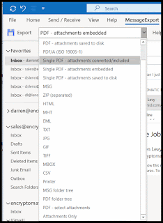 Screen image of MessageExport menu system showing multiple email export format options.