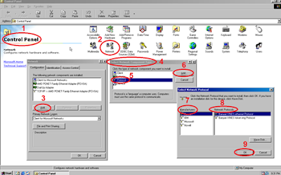 Control panel -> Network -> Add -> network component type -> protocol -> Add -> Manufacture -> network protocol>>Ok