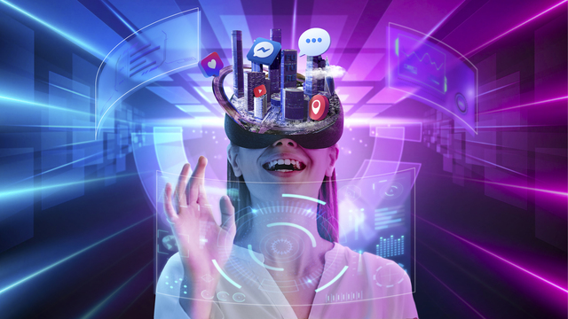 happy woman with augmented reality glasses