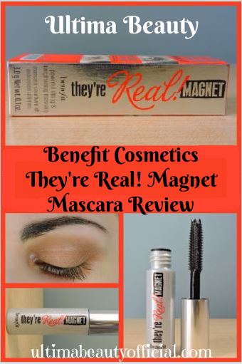 Collage: First picture: Benefit They're Real Magnet Mascara box; Second picture: Closed eye lid displaying lashes; Third picture: Benefit They're Real Magnet Mascara Tube; Fourth picture: Benefit They're Real Magnet Mascara tube and mascara wand