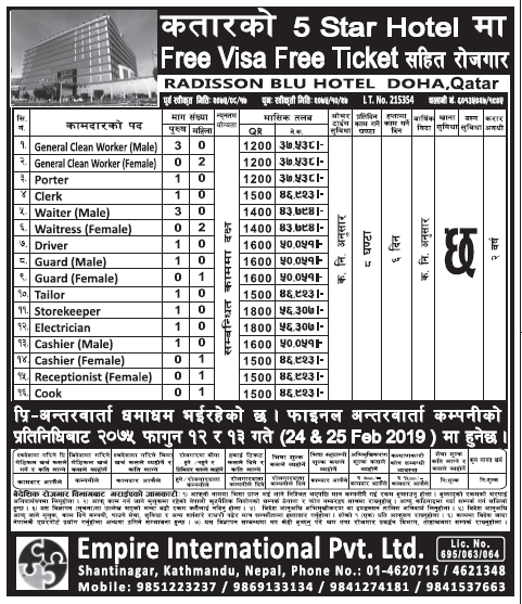 Jobs in Qatar for 5 Star Hotel for Nepali Candidates, Salary Up to Rs 56,307