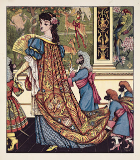 A woman, her dress held up by clothed monkeys