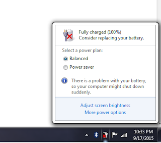 Notifikasi Consider Replacing Your Battery pada Tanda Silang Baterai