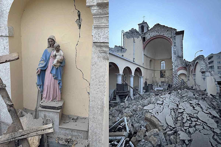 Imagem de Nossa Senhora entre os escombros da Catedral de Alexandria, Turquia