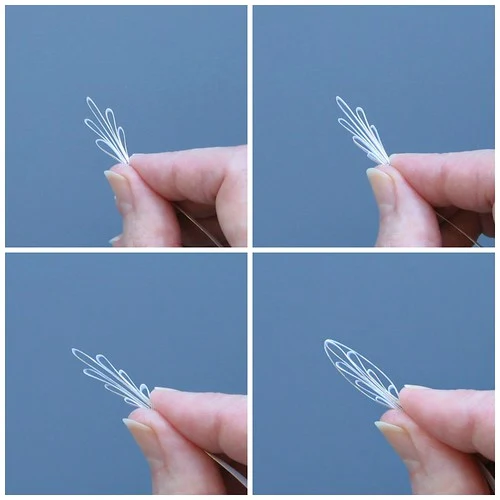 fingers holding white paper strip to demonstrate steps 5-8 of alternate side looping quilling technique