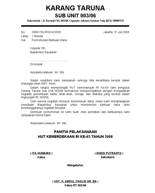 Contoh Surat Permohonan Bantuan Dana Agustusan – CND