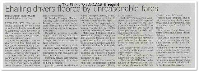 Ehailing drivers floored by 'unreasonable' fares - Keratan akhbar The Star 17 November 2023