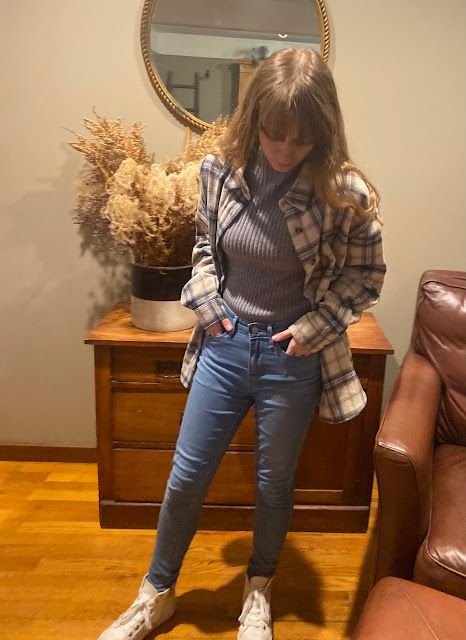 shacket with gray top and jeans