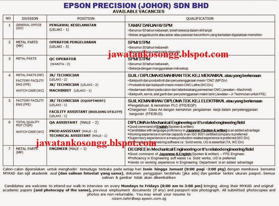 Jawatan Kosong: EPSON PRECISION SDN BHD