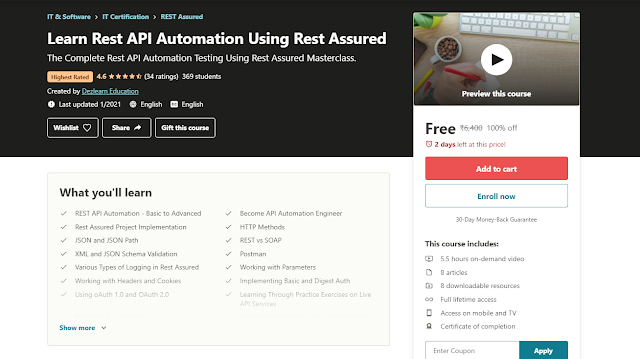 5.5 hours course Learn Rest API Automation Using Rest Assured worth ₹6,400 with Professional Certificate