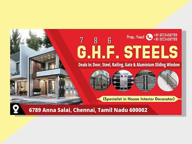 Professional construction and interior decoration banner for G.H.F. Steels in Chennai. The banner features services like door, steel, railing, gate, and aluminum sliding window installations. Includes contact details, proprietor name, and office address with a modern house image and steel product visuals. Available for free download and customization at www.rkdgtalgraphic.in.