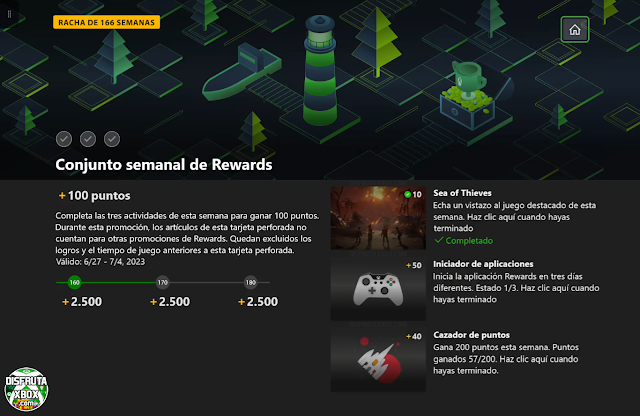 Conjunto semanal de Rewards: 100 puntos (164 Semanas completadas)