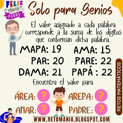 Desafío matemático, Reto matemático, Retos mentales, Retos visuales, Solo para genios, Piensa rápido, Alfamética, Acertijos, Adivinanzas, Día del Padre, Día de Papá