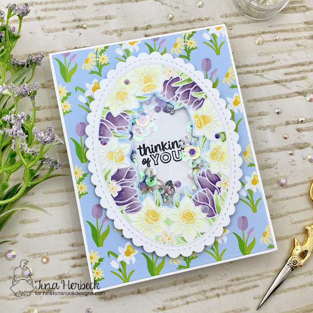 Spring Floral Shaker Card by Tina Herbeck | Spring Blooms Oval Stamp Set, Oval Frames Die Set, and Spring Blooms Paper Pad by Newton's Nook Designs #newtonsnook