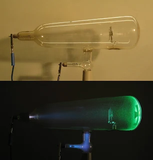 Typical Crookes tube in operation shows a green glow due to the cathode rays