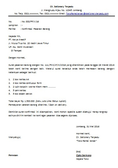 Contoh Surat Konfirmasi Pesanan Barang  Cara Buat Surat