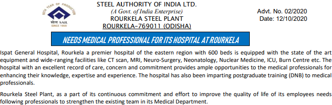 SAIL Rourkela Recruitment 2020 Specialist and Medical Officer Jobs