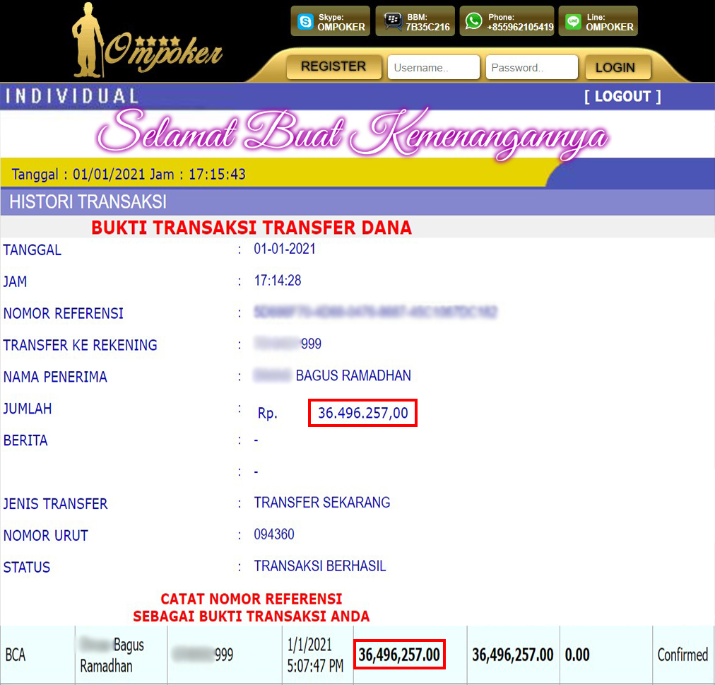 Selamat Kepada Member Setia Ompoker WD Rp 36.496.257,-