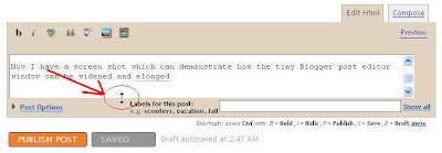 mouse cursor changed to double headed arrow in Netscape Navigator which means you can pull arrow to lengthen the Blogger post editor window