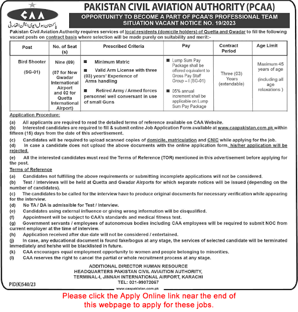 pakistan civil aviation authority online apply, civil aviation authority jobs 2023, civil aviation authority jobs 2023 apply online, civil aviation authority jobs 2023 advertisement, civil aviation authority jobs 2023, civil aviation authority uganda jobs 2023, civil aviation authority job circular 2023, civil aviation careers, caa jobs 2022, caa jobs 2023, caa jobs 2023 last date, caa jobs 2022 online apply, caa jobs 2023 karachi, Current / Fresh / Recent / New / Latest,Brid Shooter Jobs in Civil Aviation Authority,Pakistan August 2023 Apply Online CAA,Advertisement in Daily Dawn Newspaper on Sunday 20-August-2023,Matriculate / Matric – Pass,,F.Sc. / F.A. / Inter / Intermediate – Pass,Ex / Retired - Army / Armed Forces / Serviceman / NCO / JCO / Sipahi,Civil Aviation Authority Pakistan Jobs August 2023 for Bird Shooters,www.caapakistan.com.pk Online Apply,Maximum / Minimum - Age Limit / Relaxation,Pakistan Civil Aviation Authority (PCAA),Gwadar International Airport , Quetta International Airpor,Public Sector , Government of Pakistan,Civil Aviation Authority Pakistan Bird Shooter Jobs August 2023,PID(K)540/23 , PID(K)540/2023,