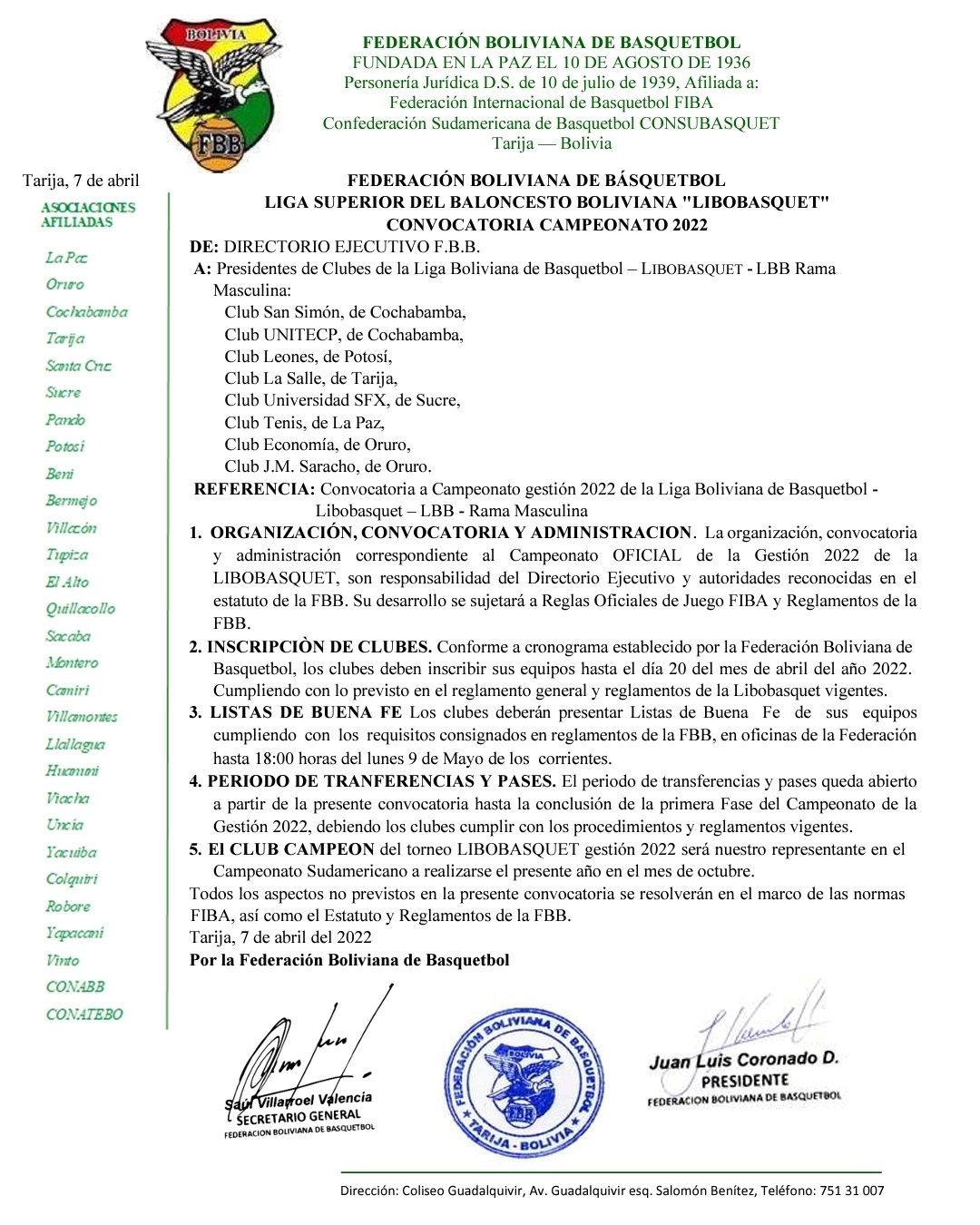 FBB: Convocatoria Libobasquet 2022 | Liga Boliviana de Basquetbol