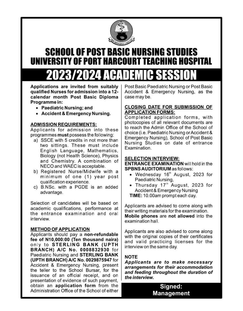 UPTH Post Basic Diploma Nursing Admission Form 2023/2024