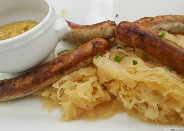 lunch at Rathaus Brauerei. This restaurant is popular with locals and serves Swiss food & in-house brewed beers. Nuremberg roasted sausages with sauerkraut and home-made horseradish mustard.