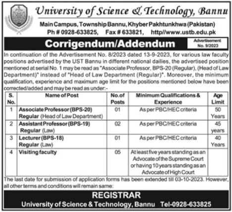 University of Science & Technology Education Jobs In Bannu 2023
