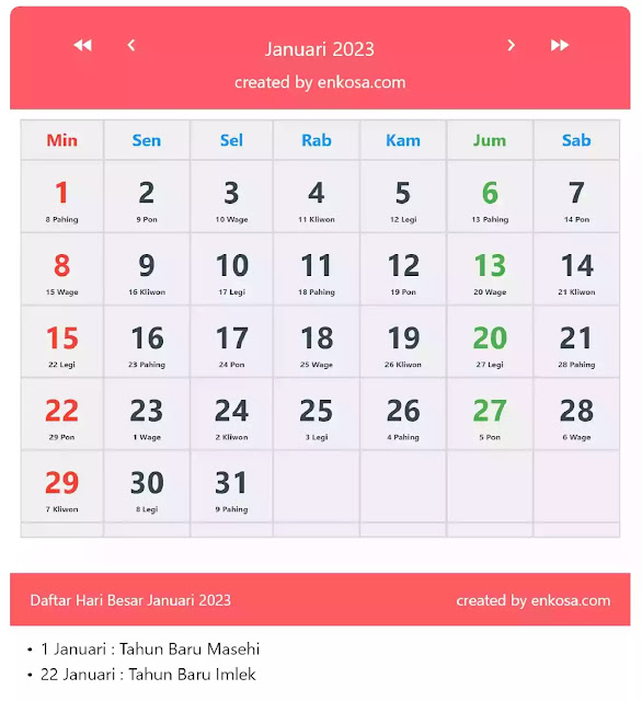 Kalender Bulan Januari 2023 Lengkap