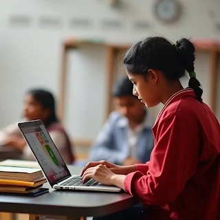 A girl sitting at a computer, focused on her learning.