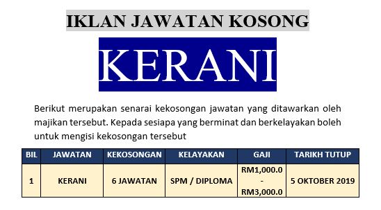 [Permohonan Terbuka] Jawatan Kosong Kerani Ambilan Oktober 