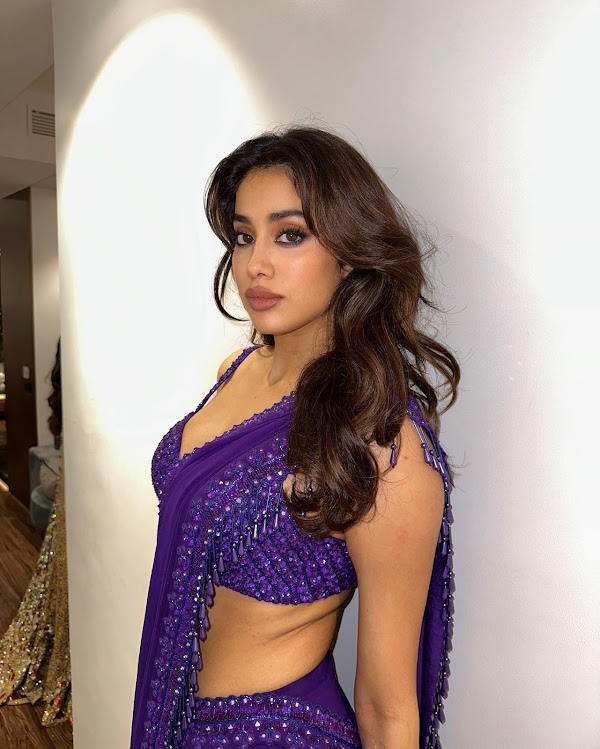 janhvi kapoor purple saree curvy hot actress