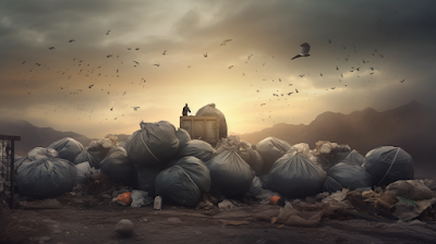 a landfill overflowing with plastic garbage bags