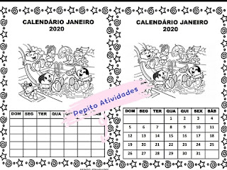 Calendários para colorir e imprimir de Janeiro do ano 2020 ilustrado com a Turma da Mônica