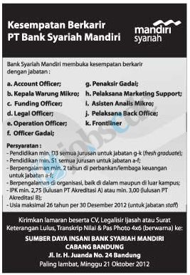 Lowongan Kerja Bandung : PT Bank Syariah Mandiri - D3, S1 