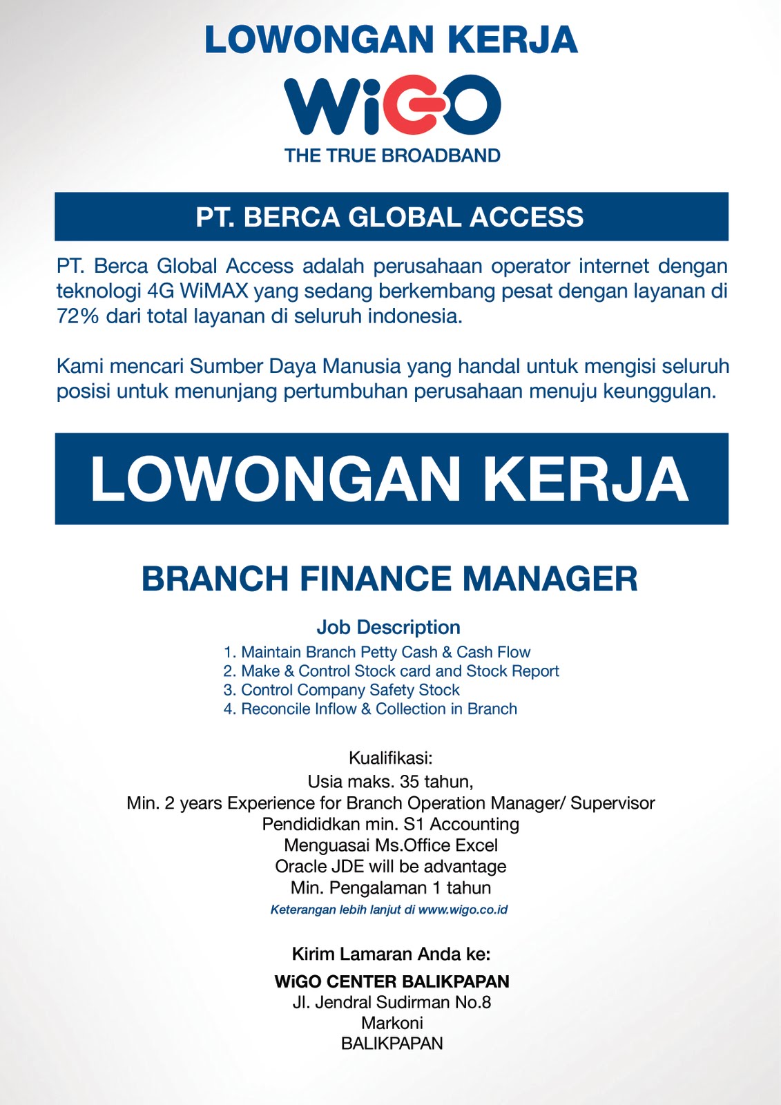 Lowongan Kerja Branch Office Manager Pt Bimasakti Multi 