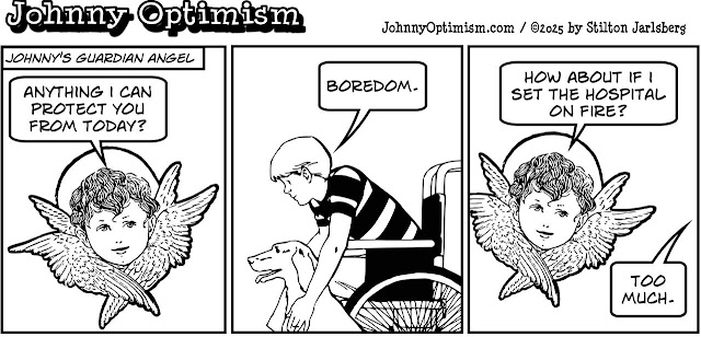 johnny optimism, medical, humor, sick, jokes, boy, wheelchair, doctors, hospital, stilton jarlsberg, guardian angel, angel, boredom