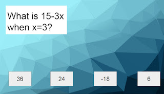 What is 15-3x when x=3? Possible choices: 36, 24, -18, 6