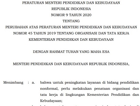 Download Permendikbud Nomor 9 Tahun 2020 Tentang Organisasi dan Tata Kerja Kemdikbud Format Pdf