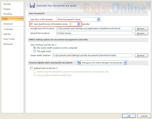 Mengatur interval AutoRecover Office 2007