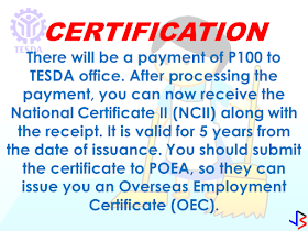 Procedures and Guidelines in applying for HSW NC II ON SKILLS  TRAINING  As a household service worker, you are expected to be able to do the following: BASIC COMPETENCIES  Participate in workplace communication Work in team environment Practice career professionalism Practice occupational health and safety procedures COMMON COMPETENCIES  Maintain an effective relationship with clients/customers Manage own performance CORE COMPETENCIES  Clean living room, dining room, bedrooms, toilet, kitchen Wash and iron clothes, linen and fabric Provide food and beverage/services  To earn TESDA Certificate, you may enroll in a training program for household service workers, but check first if the program is registered with TESDA and authorized to offer the program. You should enroll only in a TESDA authorized training center. Do not enroll in a training center whose program is not authorized by TESDA. Check the list of authorized training centers for household service workers, including the cost and duration of training. This list is posted in all TESDA regional and Provincial Offices and the TESDA website www.tesda.gov.ph. If you enroll in a TESDA-authorized training center, pay only the fees duly approved by TESDA and ask for an official receipt from the training center. The training center must issue a certificate of completion to you once you have completed the training program. If you have adequate experience as a household service worker, you may not need to go for training before assessment. ON COMPETENCY ASSESSMENT  Competency assessment is the process of finding out whether you can perform the functions of a household service worker according to the employer requirements. Before you go for competency assessment, you should get an endorsement letter from the recruitment agency that will be presented to the assessment center. Only applicants who are endorsed by recruitment agencies will be accepted for assessment. In competency assessment, you will be asked to perform the core competencies to prove that you know how to do the job of a household service worker. This is referred to as performance assessment. If you have completed a training program, this would have prepared you for competency assessment. However, the completion of a training program is not an absolute requirement for competency assessment. You can go for assessment even if you have enrolled in a training program as long as you believe that you can perform all the competencies of a household service worker in the country or abroad. If you have some years of experience as household service worker abroad, you can submit evidences of your experiences to the assessment center like copies of work contract, certification from your employers or your recruitment agency  and similar documents so that you do not have to take the test but the assessor will just evaluate the documents that you submitted. This is referred to as portfolio assessment. When you go for assessment, whether a performance assessment or portfolio assessment, you will be asked to pay an assessment fee of Php1000 to the assessment center. Make sure that the assessment center is accredited by TESDA. When you pay for assessment fee, you should ask for an official receipt from the assessment center. If you fail in the assessment, you can be assessed again but you will have to pay another Php1000 for re-assessment. When you pass the assessment, you will be recommended to receive a national certification from TESDA by the assessment center. ON CERTIFICATION  When you are recommended for certification, you will be required to pay a certification fee of Php100 to TESDA Office which has jurisdiction over the assessment center. The TESDA Office will issue a certificate to you. Upon payment of the certification fee, you will be given an official receipt and a National Certificate (NCII) for household Service Workers which is a document that proves that you are a competent household service worker. The National Certificate is a valid for five (5) years. This National Certificate will be presented to POEA with your work contract so that POEA can issue the Overseas Employment Certificate (OEC) to you before you leave for your job abroad.    FOR MORE INFORMATION:  CALL THE TESDA HOTLINE: 887-7777 Or visit the nearest TESDA Office Or log on to www. Tesda.gov.ph