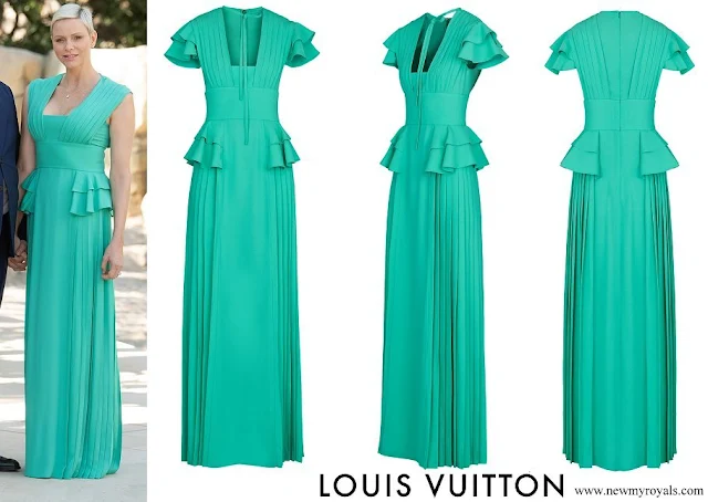 Princess Charlene wore Louis Vuitton Green Long Pleated Evening Dress