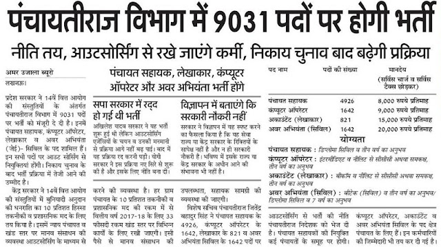 Panchayati Raj UP Recruitment 2017 9031 JE, Panchayat Sahayak