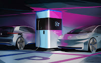 Volkswagen cars charging at mobile station (Credit: Volkswagen) Click to Enlarge.