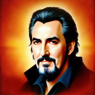 Stable Diffusion AI generated portrait of a dark haired and saturnine Englishman with just the hint of a smile and an elegant moustache and goatee. His long hair is swept back. Set against an orange and yellow background.