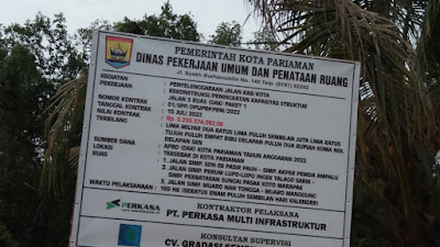 Menyorot Proyek Jalan Dinas PUPR Kota Pariaman Dikerjakan PT. Perkasa
Multi Infrastruktur.