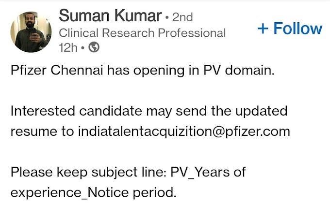  Pfizer  Hiring for Fresher in PV Domain 