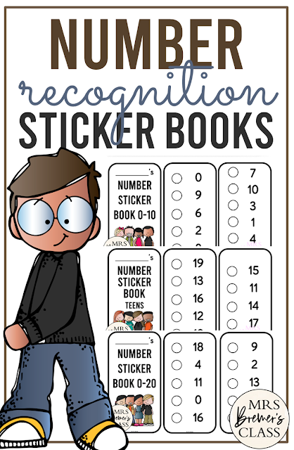 Math number recognition sticker books for math learning assessment in Kindergarten