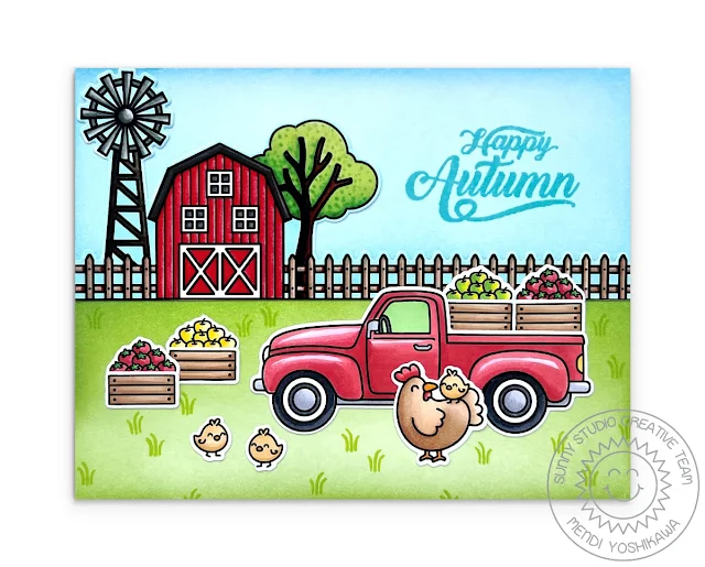 Sunny Studio Happy Autumn Pick-up Truck Fall Card (using Truckloads of Love, Farm Fresh, Clucky Chickens Stamps & Crisp Autumn)