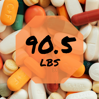 90.5 lbs shown on a field of colorful pills